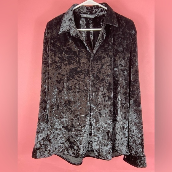 Zara black crushed velvet button down shirt, over shirt, jacket size M - Picture 1 of 8